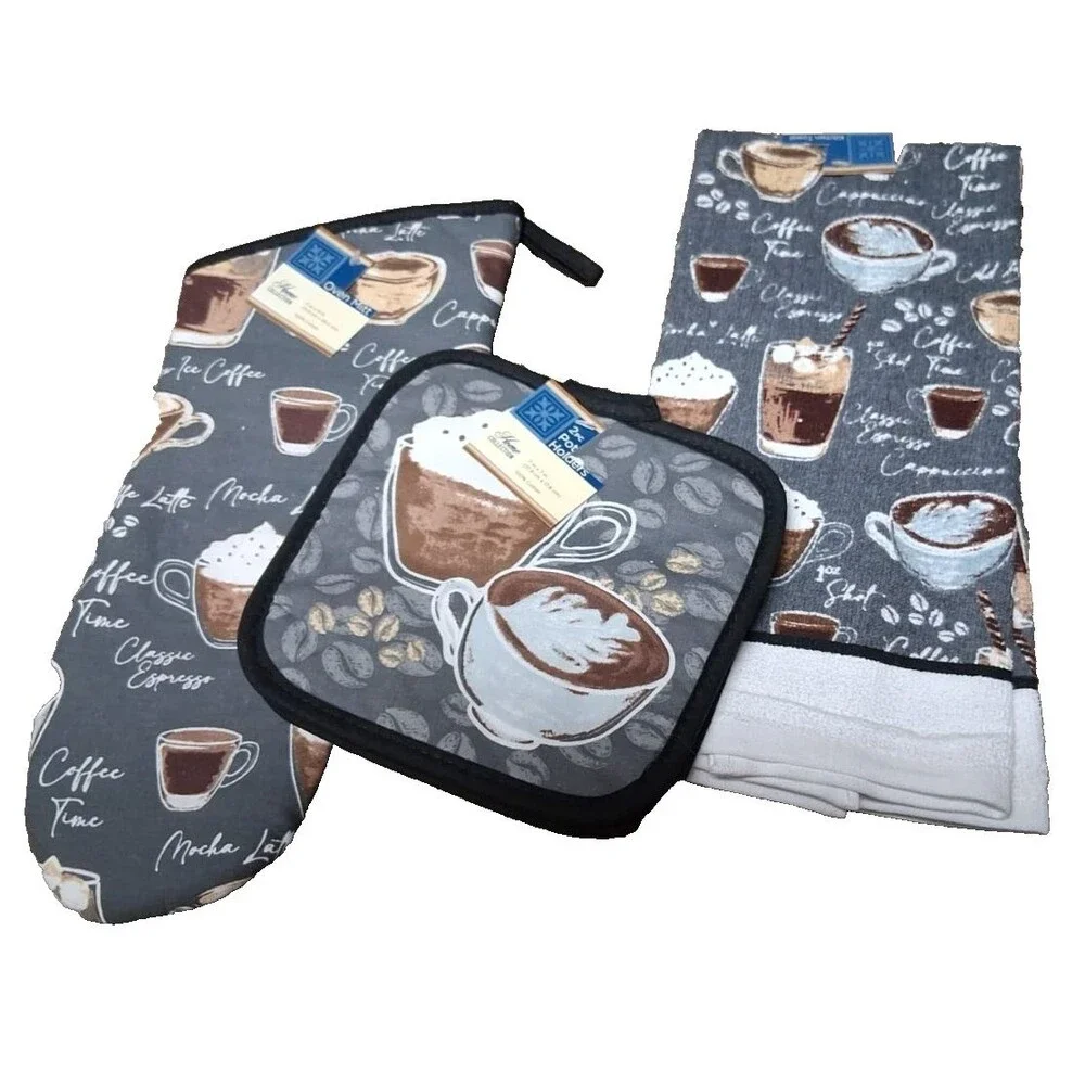 Coffee Time 4 Pc Kitchen Towel Set - 1 Towels, 2 PotHolders, 1 Oven Mitt - NWT